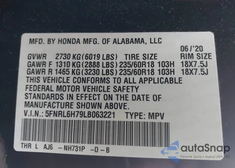 2020 Honda Odyssey Ex-L/Ex-L W/Navi Res from USA, damaged, VIN 5FNRL6H79LB063221